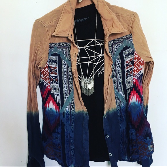 Dip dyed tie-dye Aztec Native American button down - Picture 1 of 5